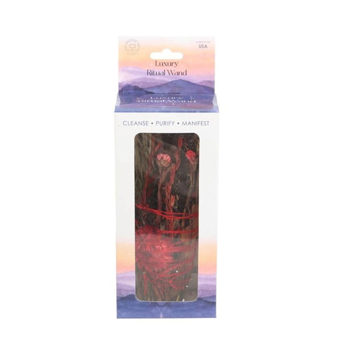 Ritual Wand Smudge Stick with Rosemary and Red Flowers - 6inch